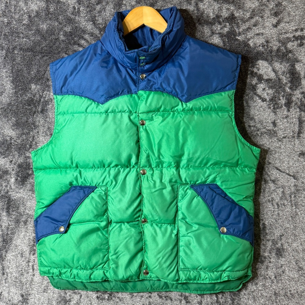 Vintage 70s Comfy Puffer Vest Medium Goose Down Green/Blue Colorblock Western‎